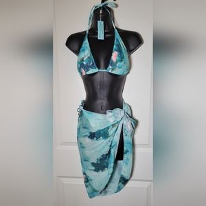 Womens 3 Pieces Bikini Sets Triangle Halter Swimsuits Thong Bottoms with Mesh